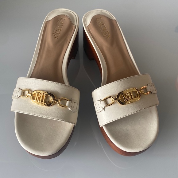 Lauren Ralph Lauren Shoes - Lauren Ralph Lauren White Leather Roxanna Heeled Mules, Sz 9.5